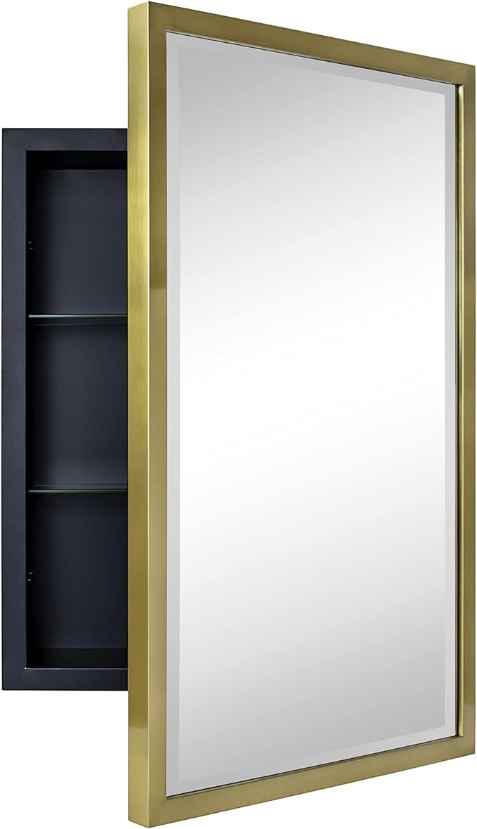 Black Metal Framed Recessed Bathroom Medicine Cabinet with Mirror Rectangle Beveled