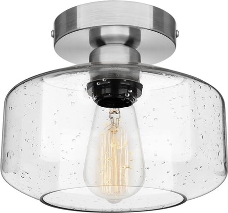 Industrial Semi-Flush Mount Ceiling Light, Seeded Glass Pendant Lamp Shade