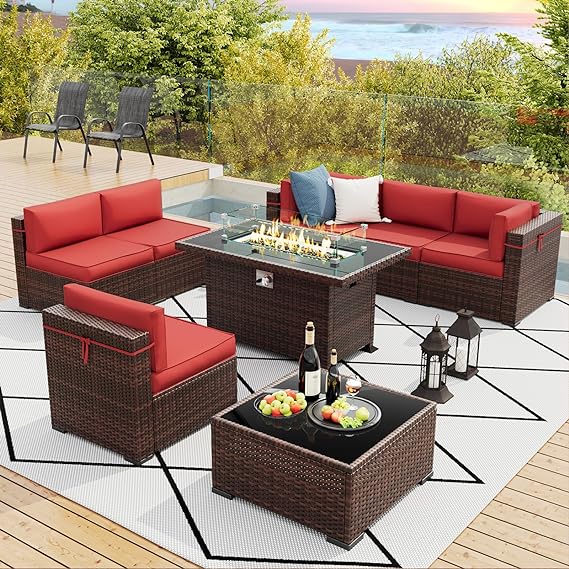 8 Pieces Patio Furniture Set Outdoor with Gas Fire Pit Table