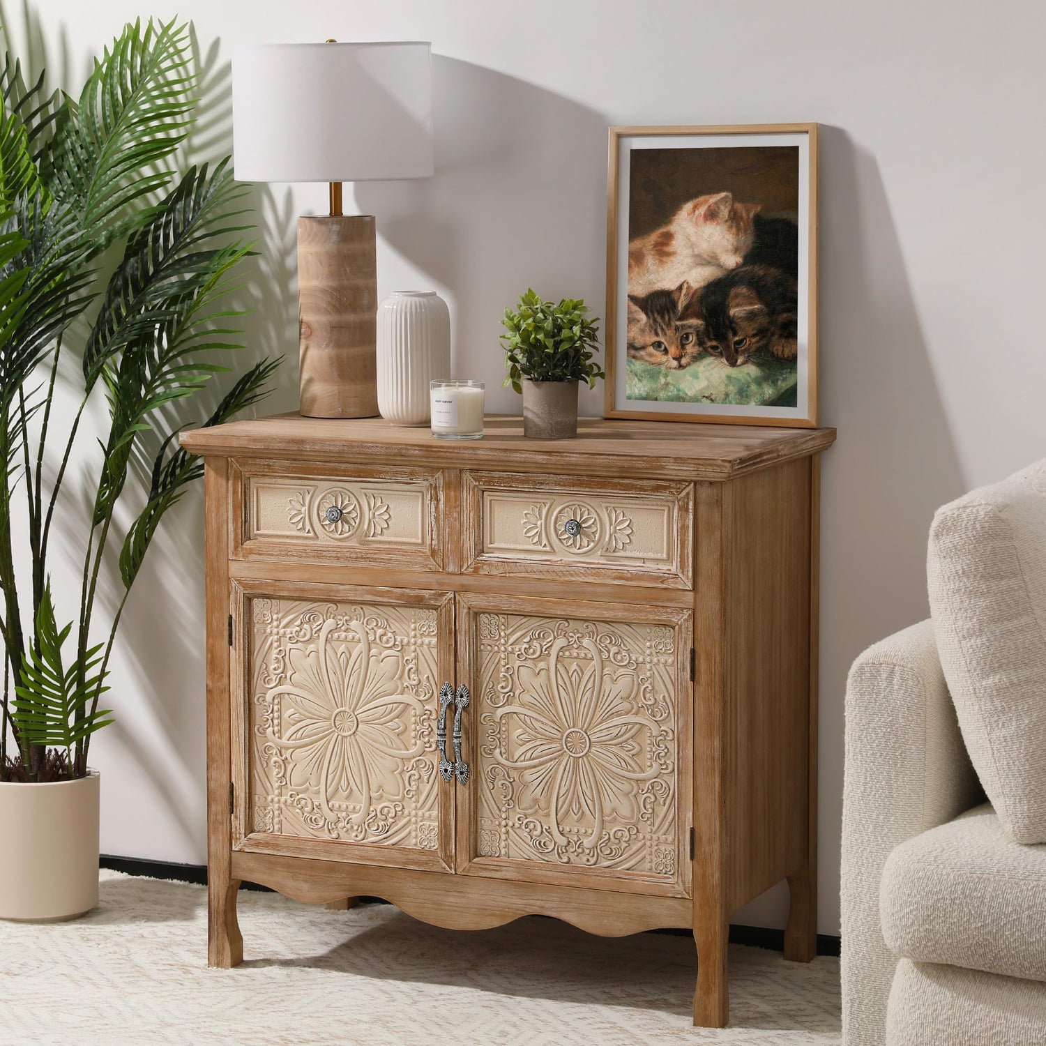 Carved Wood Cabinet Side View – Beige Tone and Elegant Curves
