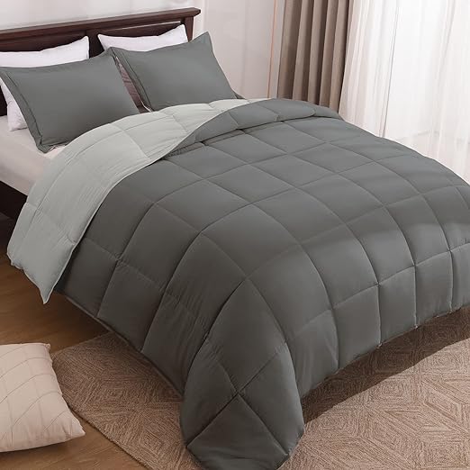 Queen Size Comforter Set - Reversible Washed Microfiber Forest Green and Ivory