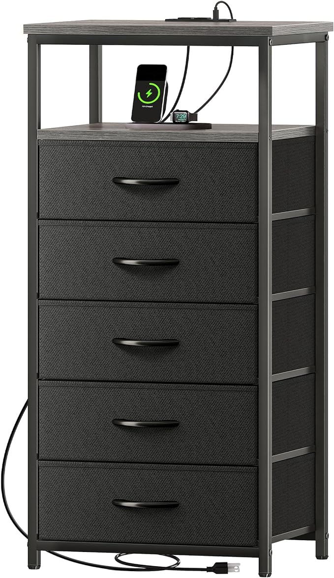 5 Drawers Dresser with Charging Station, Dresser for Bedroom, Tall Night Stand