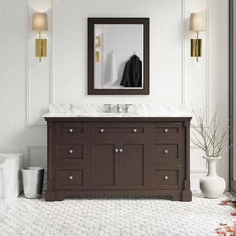 Single Bathroom Vanity Includes White Cabinet with Authentic Italian Carrara Marble