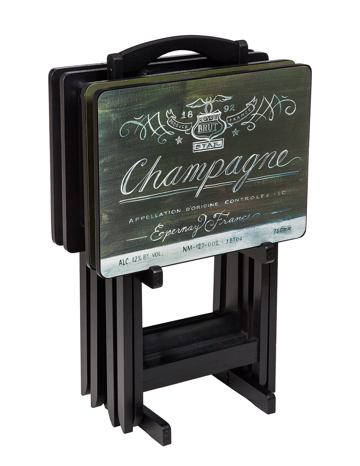 Classic champagne label artwork on folding TV tray top

