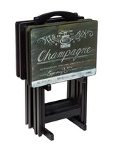 Classic champagne label artwork on folding TV tray top

