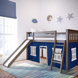 Low Loft Bed, Twin Bed Frame For Kids With Slide and Curtains For Bottom, White/Blue