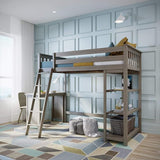 High Loft Bed, Twin Bed Frame For Kids With Bookcase, Grey