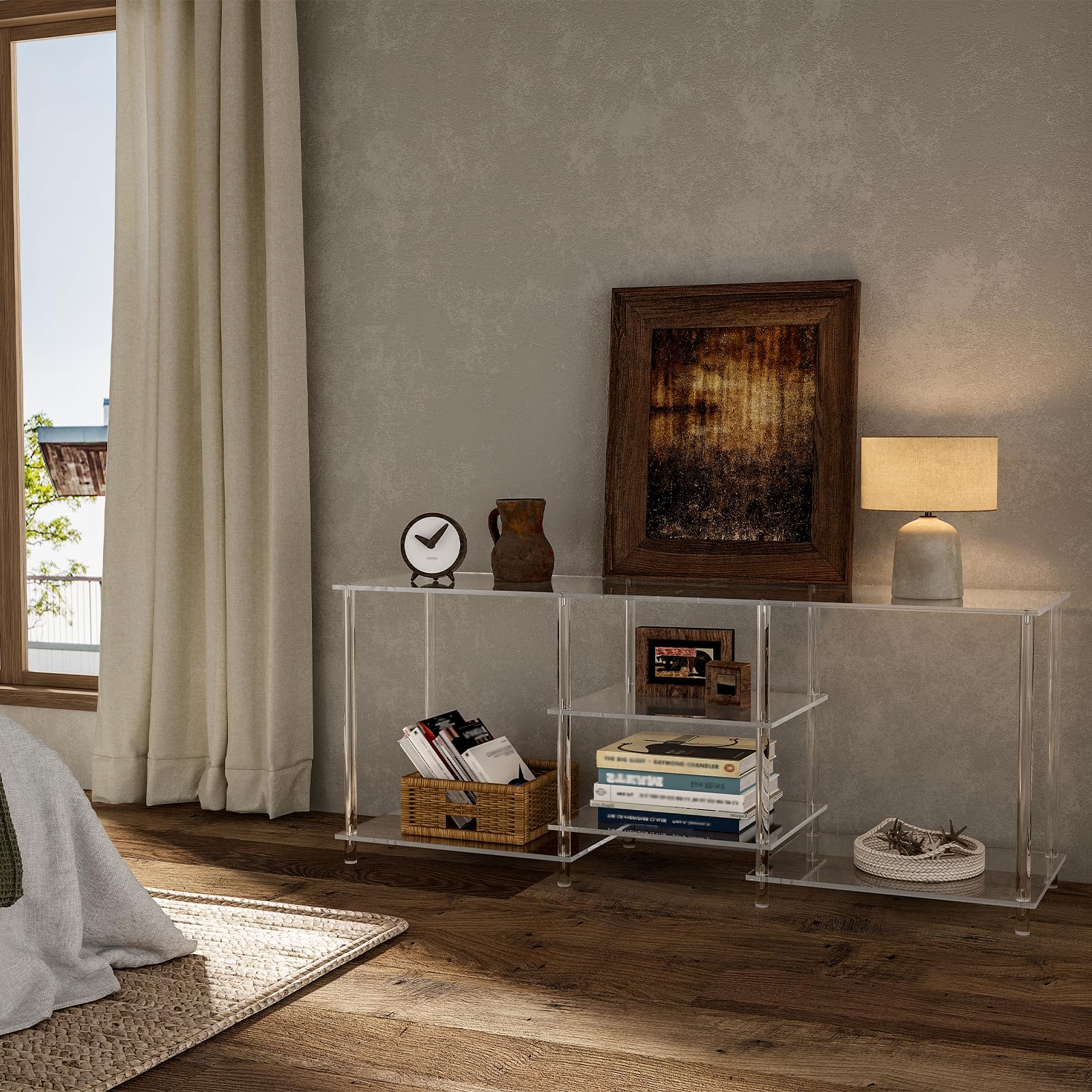 Transparent acrylic entertainment center supporting a 60-inch TV.