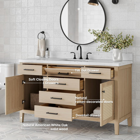 Close-up of vanity drawer and cabinet showing dovetail joints and rattan panel detail