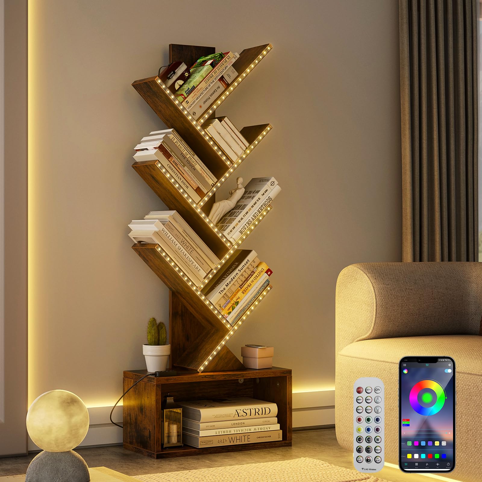 Close-up of vertical rustic bookshelf with color-changing LED light strips