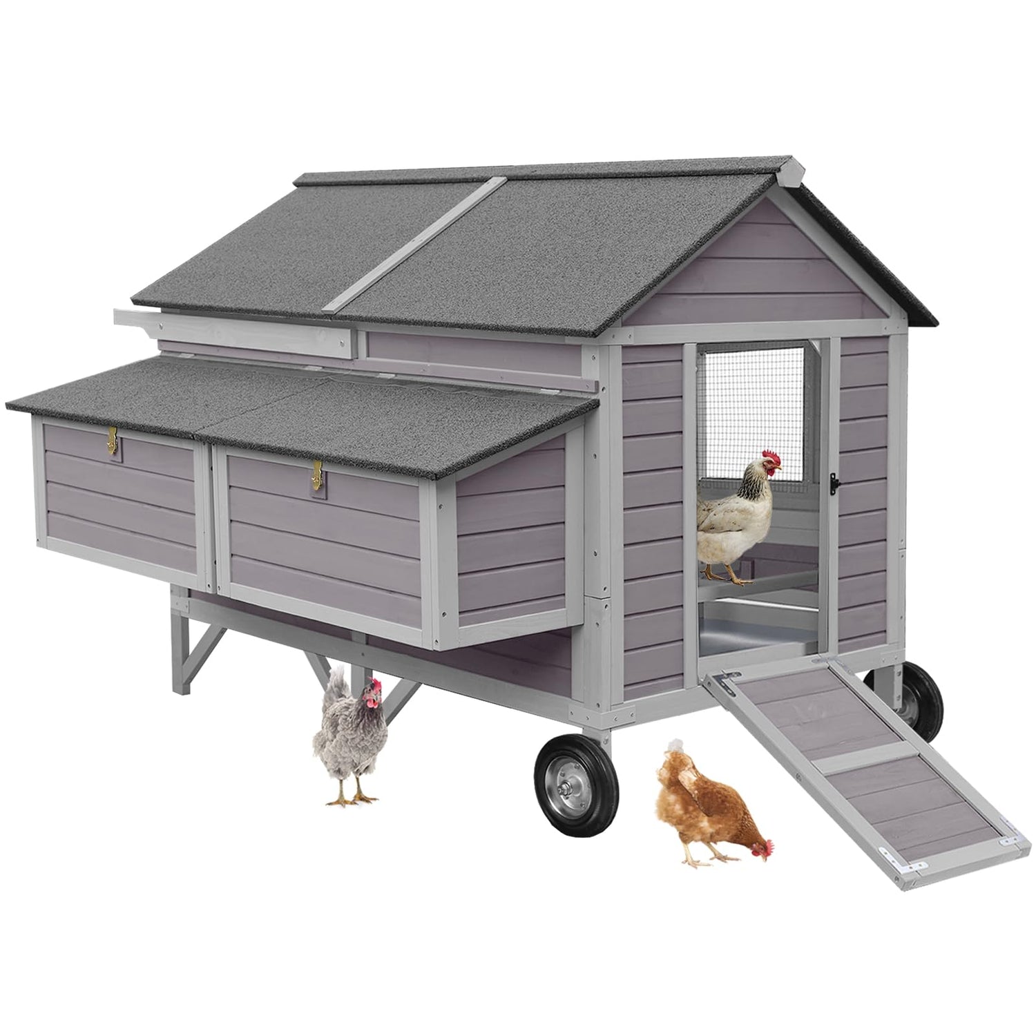 CluckHaven XL mobile chicken coop with iron edge, double nesting boxes, and 8-inch wheels