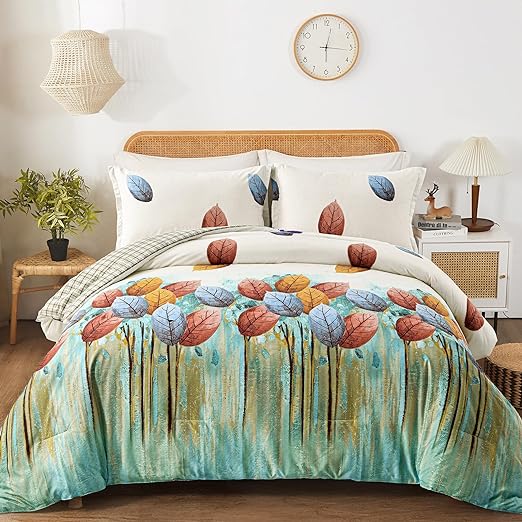 Botanical Comforter Set Queen Size 3 Pieces Floral Reversible Blue Leaves Comforter