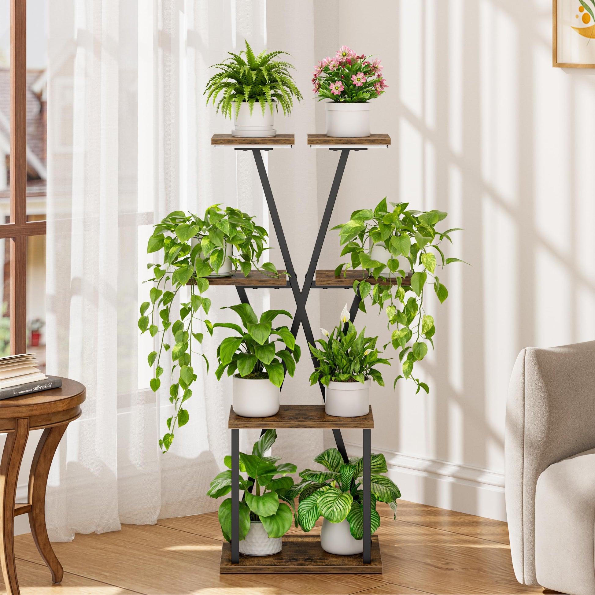 Corner plant stand with grow lights for indoor plants