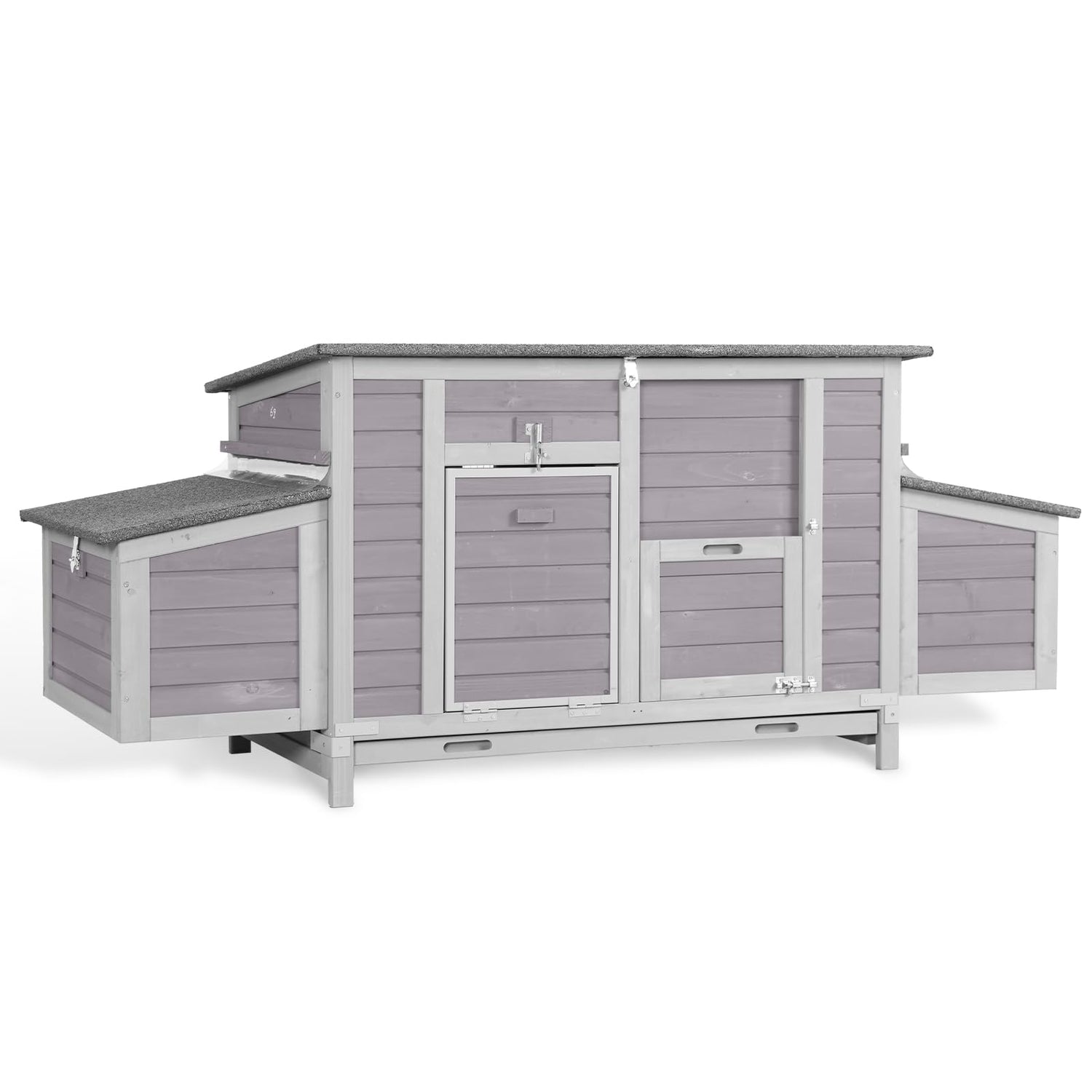 CozyNest low-profile chicken coop with four nesting boxes and removable tray