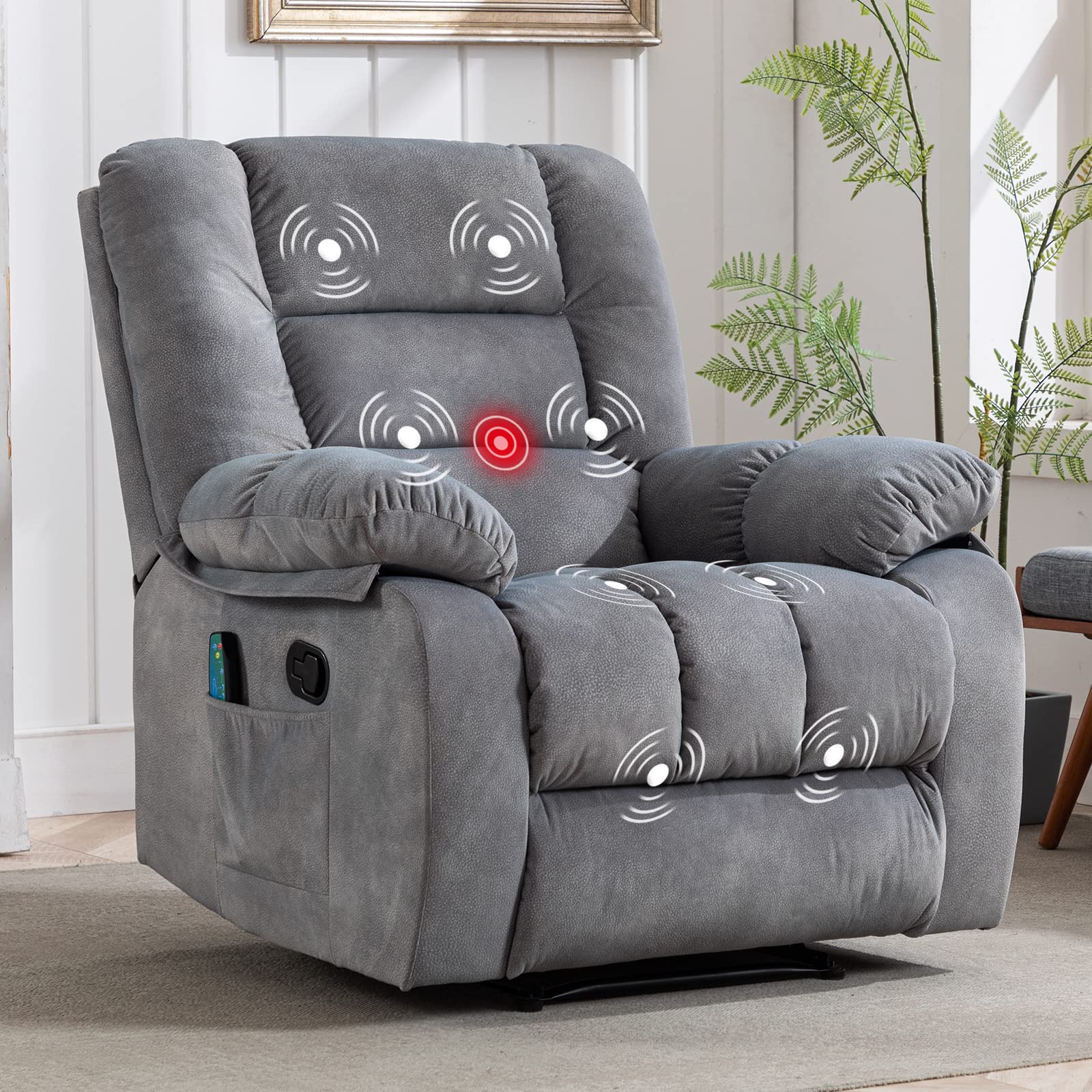CozyVibe Plush Fabric Massage Recliner Chair in Light Grey