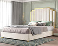 King Size Bed Frame and 65" Headboard, Upholstered Bed with Golden Plating Trim