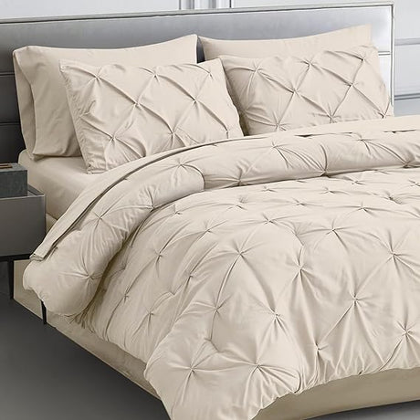 Queen Comforter Set 7 Pieces Pinch Pleat Bed in A Bag, Navy Comforter Queen Sets