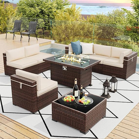 8 Pieces Patio Furniture Set Outdoor with Gas Fire Pit Table