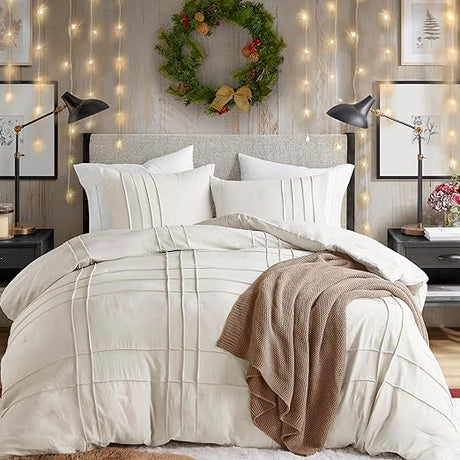 Grey Queen Comforter Set - 3 Pieces Pintuck Pleated Farmhouse Bedding