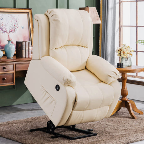 Cream Lift Chair with Lumbar Heating and USB Ports