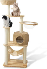 54" Modern Cat Tree Tower for Indoor Cats, Solid Oak Cat Scratching Tree