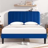 Queen Size Upholstered Bed Frame with Adjustable Headboard, Velvet Platform Bedframe