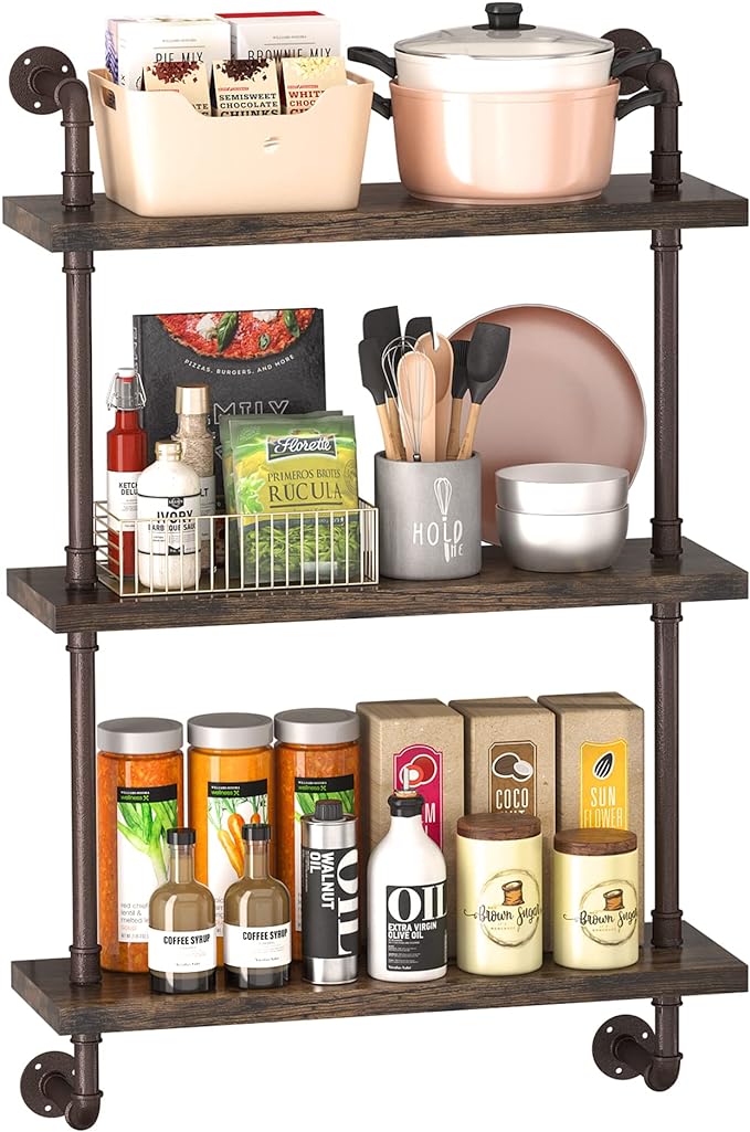 Industrial Pipe Shelving Wall Mounted 24 Inch, 3 Tier Bathroom Floating Shelves