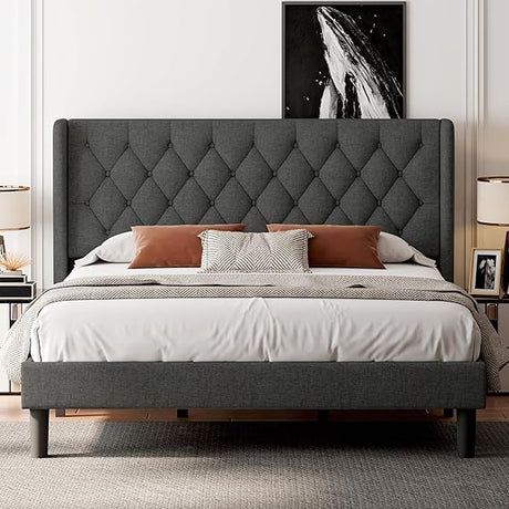 King Size Bed Frame with Wingback, Upholstered Platform Bed