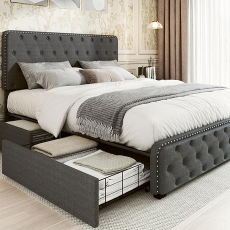 Queen Bed Frame with Headboard Storage Drawers of 4 Upholstered Bed Frame Platform