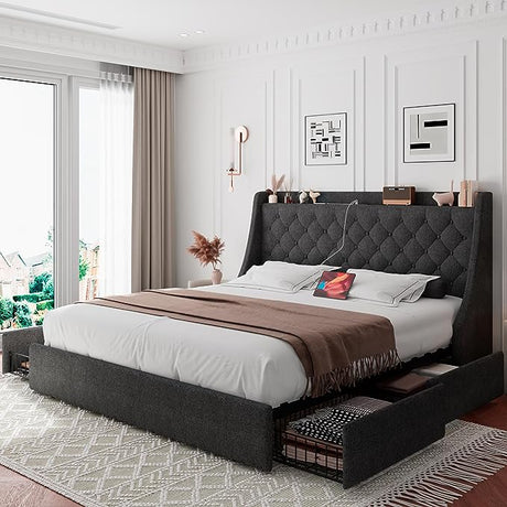 Queen Bed Frame with 4 Storage Drawers, Upholstered Platform Bed Frame with Type-C