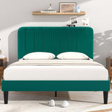 Queen Size Upholstered Bed Frame with Adjustable Headboard, Velvet Platform Bedframe