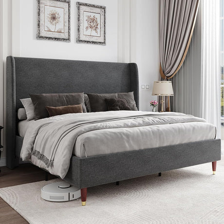 Queen Bed Frame Upholstered Bed 51.2" High Platform Bed with Wingback Headboard