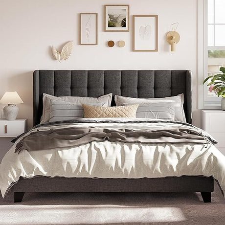 King Size Platform Bed Frame with Wingback, Upholstered Square Stitched Headboard