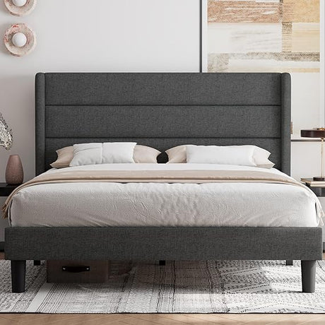 Queen Bed Frame, Upholstered Platform Bed Frame with Wingback, Wood Slats Support