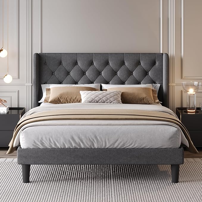 Full Size Platform Bed Frame with Upholstered Headboard and Wingback, Button Tufted