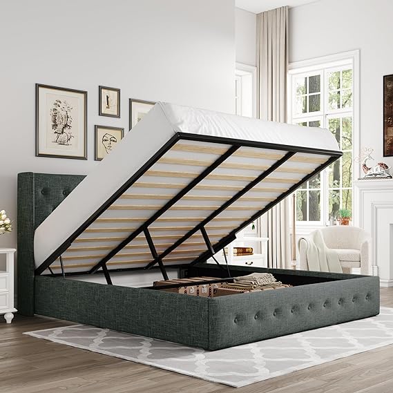 King Size Lift Up Storage Bed, Button Tufted Headboard with Wingback