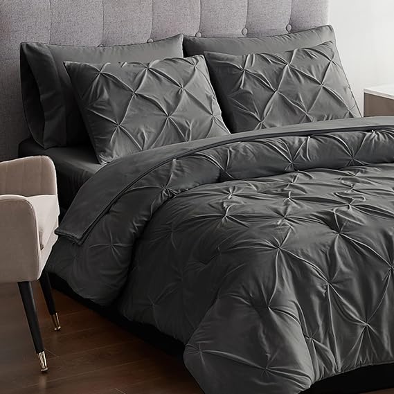 Queen Comforter Set 7 Pieces Pinch Pleat Bed in A Bag, Navy Comforter Queen Sets
