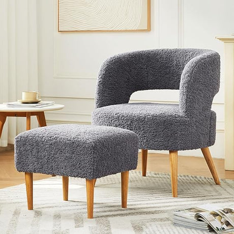 Accent Chair with Ottoman Teddy Fleece Upholstered