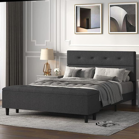 Queen Bed Frame with 120L Ottoman Storage, Upholstered Platform Bed Frame