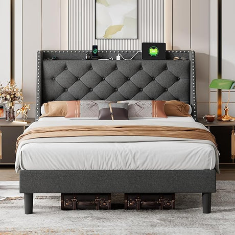 Queen Bed Frame with 16" Deluxe Wingback & USB & Type-C Ports