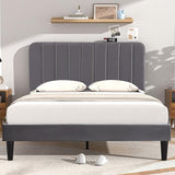 Queen Size Upholstered Bed Frame with Adjustable Headboard, Velvet Platform Bedframe