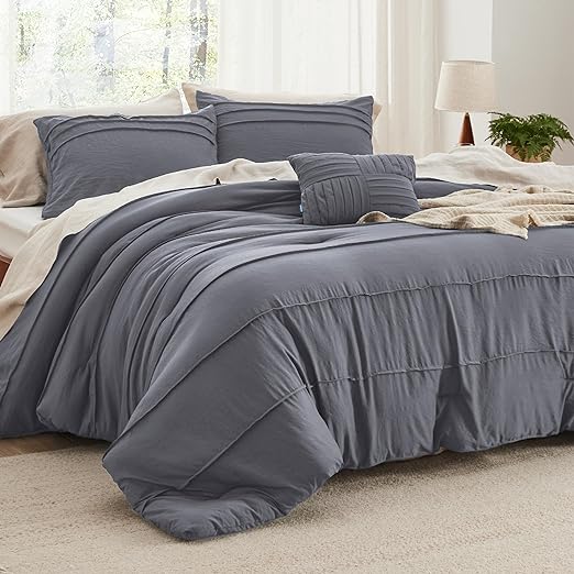 Navy Blue Queen Comforter Set - 4 Pieces Pinch Pleat Bed Set