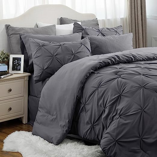 Black Comforter Set Queen - Bed in a Bag Queen 7 Pieces, Pintuck Bedding Sets Black