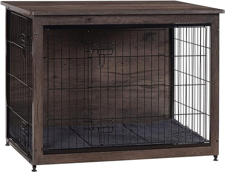 Dog Crate Furniture with Cushion, Wooden Dog Crate Table, Double-Doors Dog Furniture