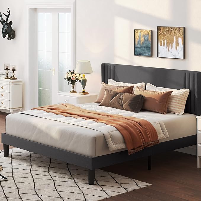 Full Bed Frame with Wingback Headboard, Upholstered Platform Bed with Modern