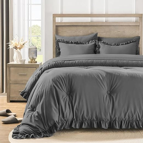 Queen Bed in a Bag 7 Pieces Comforter Set Queen, Ruffle Bedding Comforter Set Black