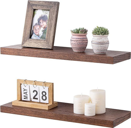 Floating Shelves 24 Inch, 8'' Deep Rustic Wood Wall Shelves Set of 2, Storage Shelves Wall