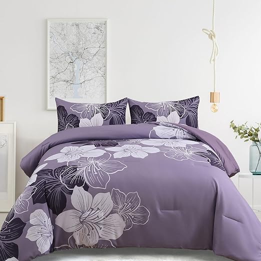 Floral Bed Comforter Set King - Blue Floral Pattern Printed on Grey