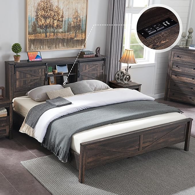 Farmhouse Queen Size Bed Frame with Storage Bookcase Headboard with Sliding Barn