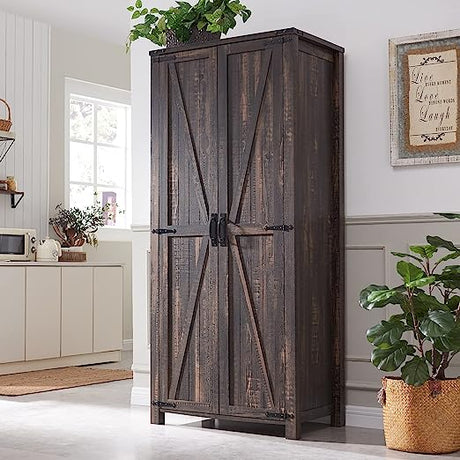 Copy of Storage Cabinet, 32'' Farmhouse Armoire w/Adjustable Shelves, Rustic Pantry w/2 Barn Doors & Hanging Rod